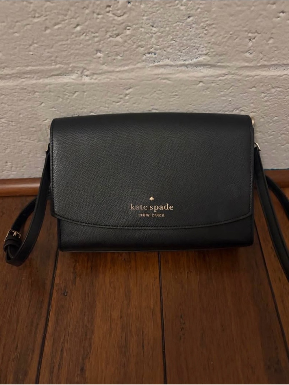 kate spade Black Saffiano Crossbody Bag with Gold Logo